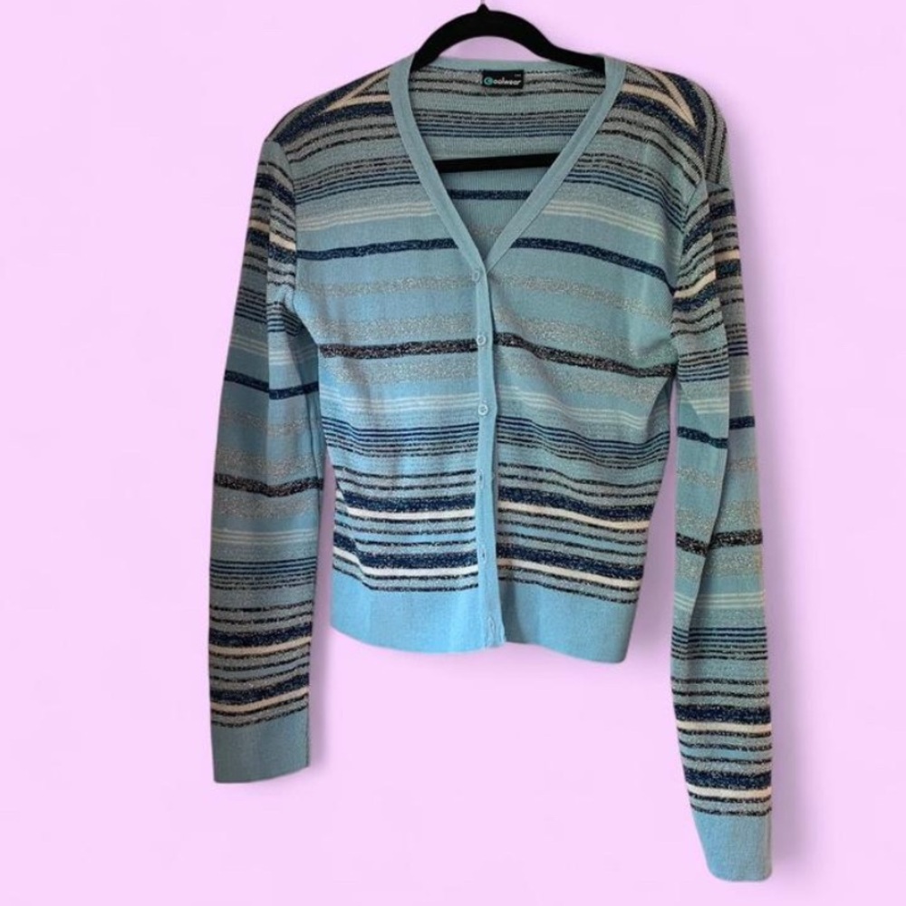 Vintage Y2K metallic striped baby blue cardigan